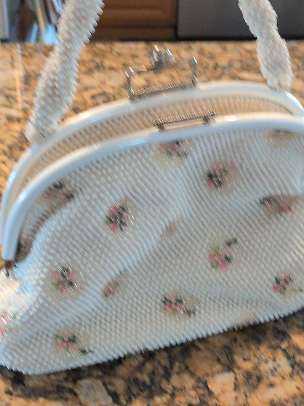 Beaded White Floral Top-Handle Evening Bag